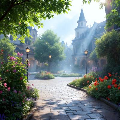 The primary subject of the image is a beautifully designed garden with a brick walkway. The setting is a city street with a castle-like building in the background. The visual style is a combination of photo and digital art, creating a vibrant and lively atmosphere. The colors and mood are predominantly warm and inviting, with the garden featuring a variety of flowers and greenery.